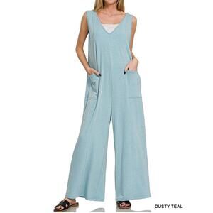 #1572 Zenana NWOT Dusty Teal French Terry Vneck Jumpsuit Sizes Small & Medium